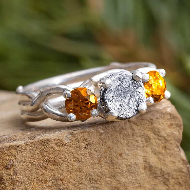 women's ring vintage gold -Citrine Ring With Meteorite And Silver Branch Design