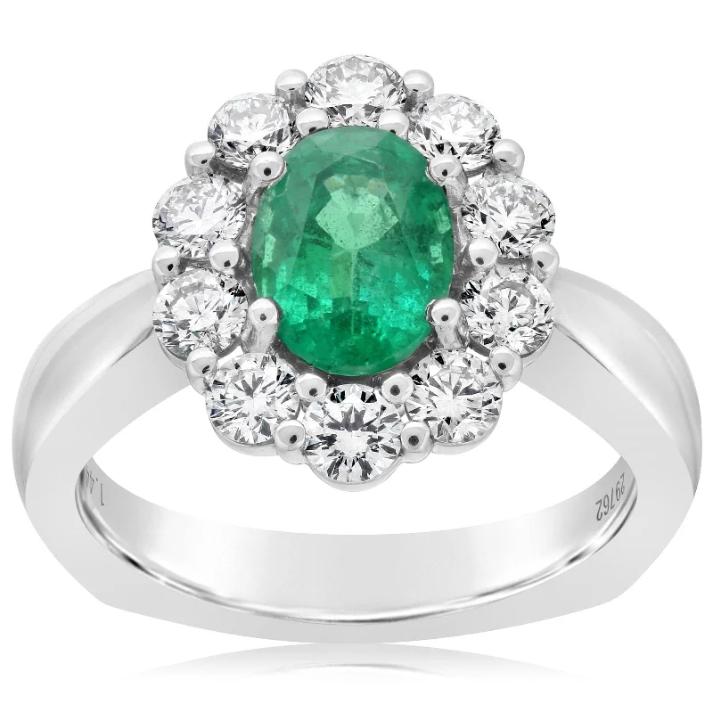 women's engagement rings cathedral setting -Halo Oval Cut Emerald & Diamond Ring