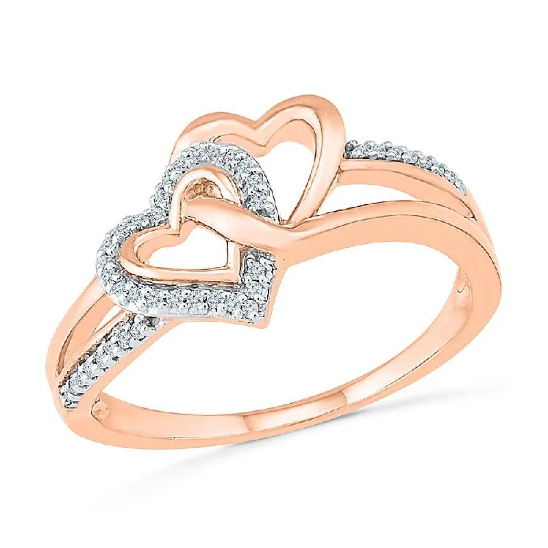 women's ring hammered texture -Double Heart Promise Ring With Diamond Accents