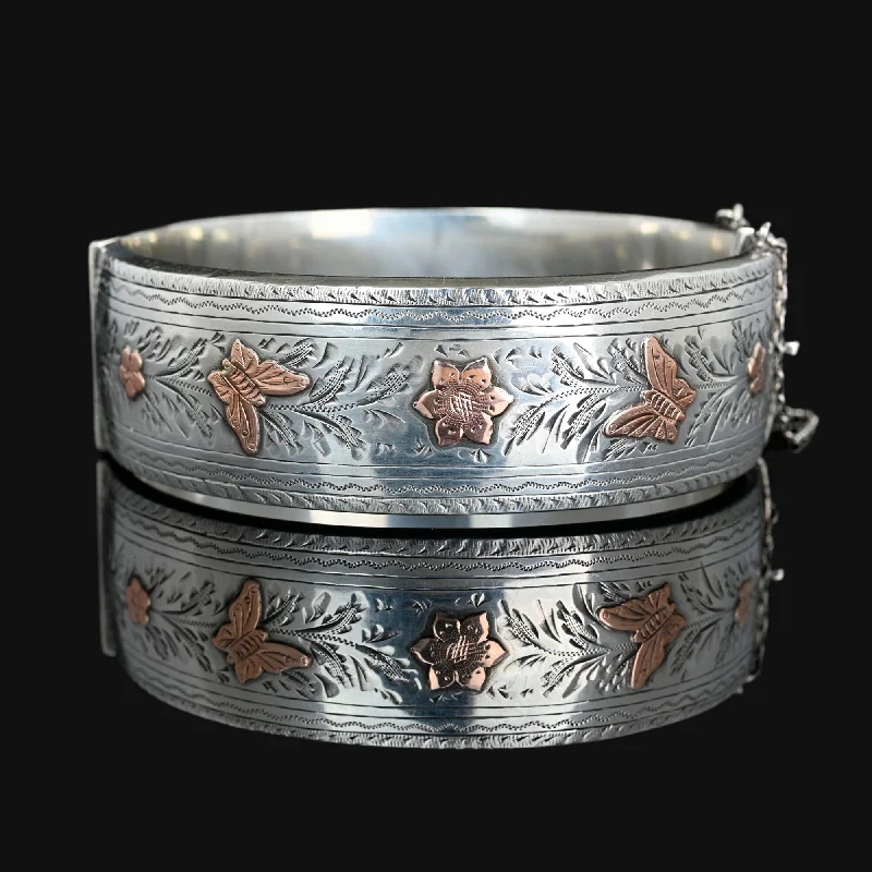 women's bracelets chic and stylish -Antique Rose Gold Butterfly Wide Silver Bangle Bracelet