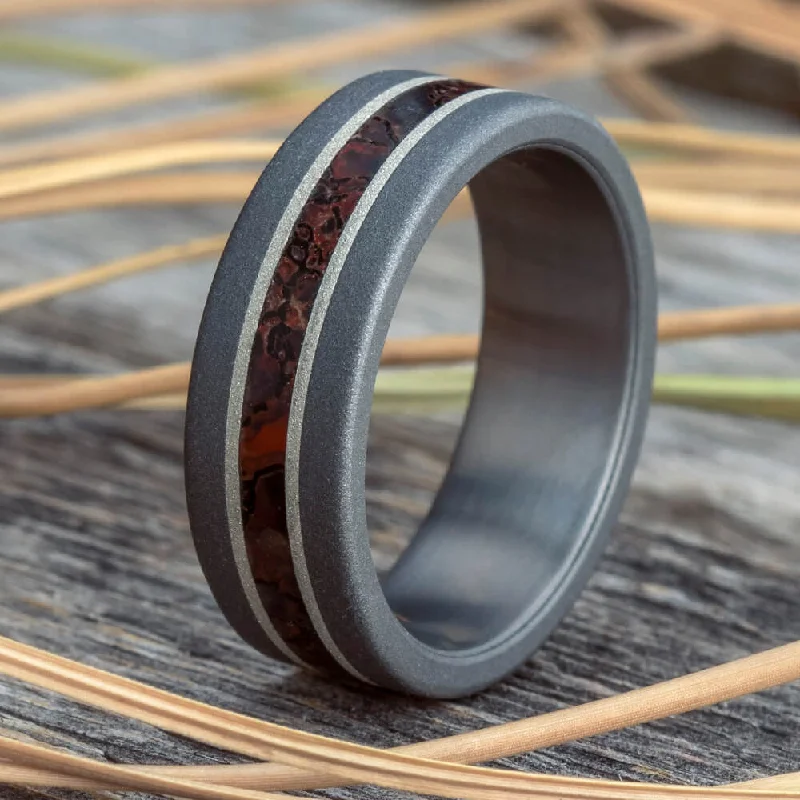 women's ring high-end luxury -Sandblasted Titanium Dinosaur Bone Ring with Silver Pinstripes