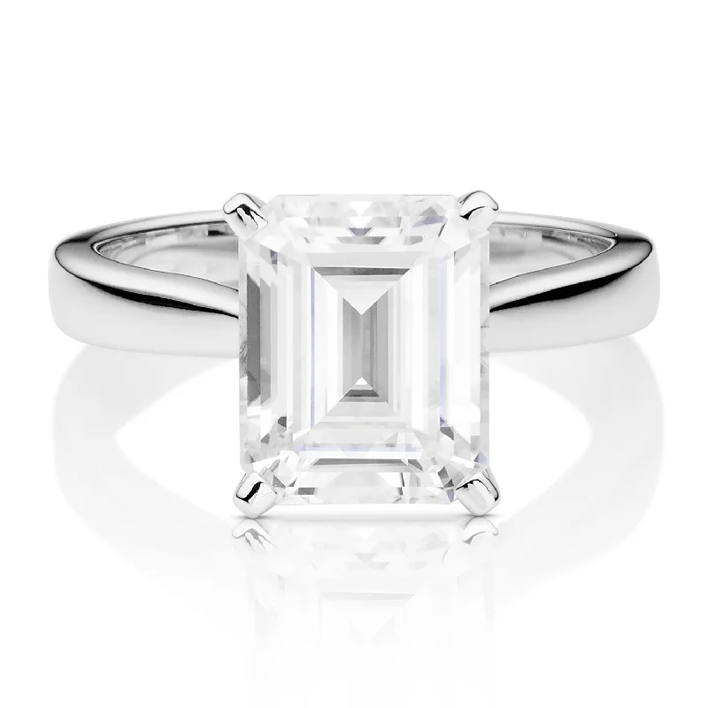 women's ring layered look -Charles & Colvard Moissanite Emerald Cut Solitaire Ring in White Gold