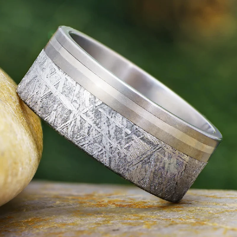 women's ring dainty everyday wear -Men's Ring with Meteorite and Platinum Pinstripe