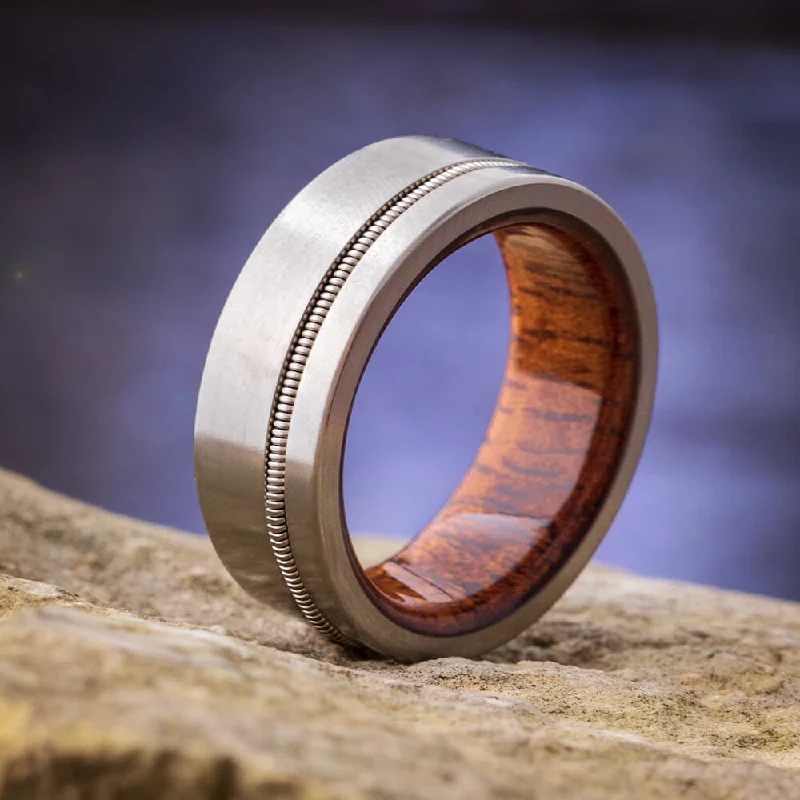 women's ring hammered texture -Guitar String Titanium Ring with Mahogany Wood Sleeve