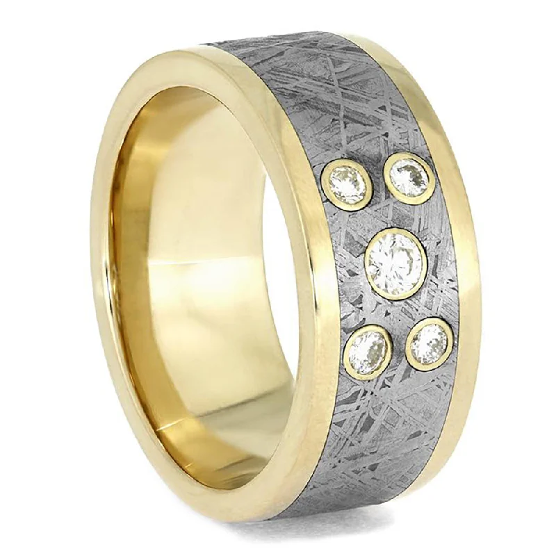 women's ring minimalist -Solid Gold Meteorite Ring with Bezel Set Diamonds