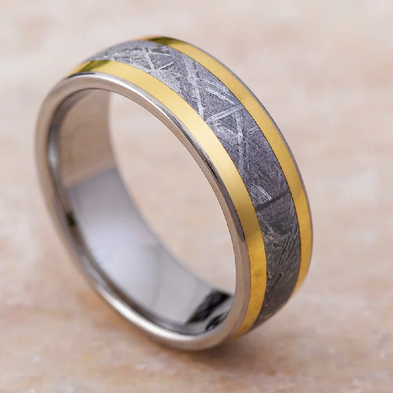 women's ring elegant style -Titanium Meteorite Men's Ring with Gold Pinstripes