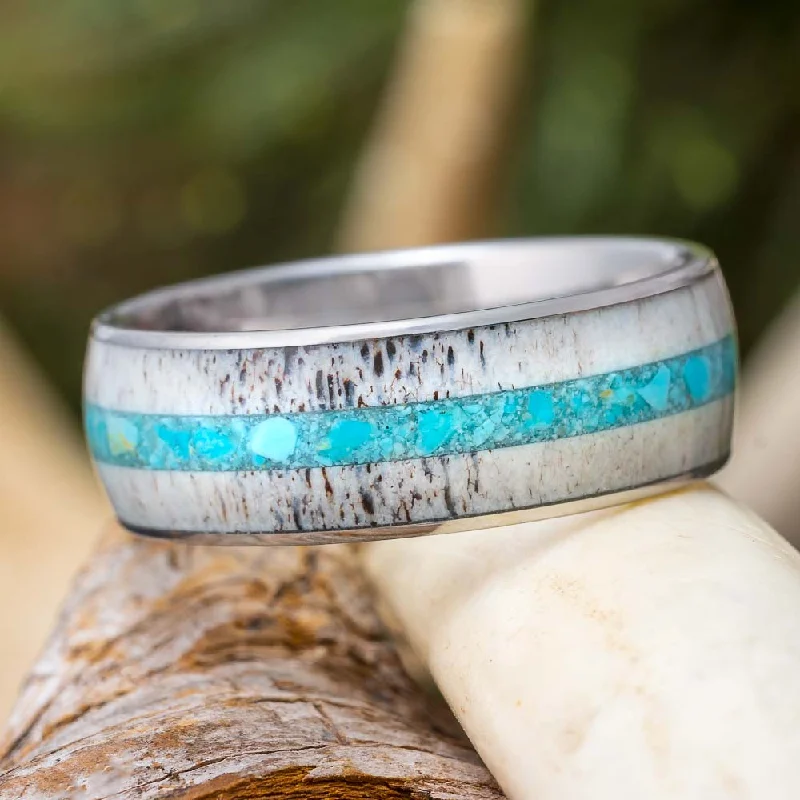 women's ring cushion cut -Deer Antler and Turquoise Ring in Titanium