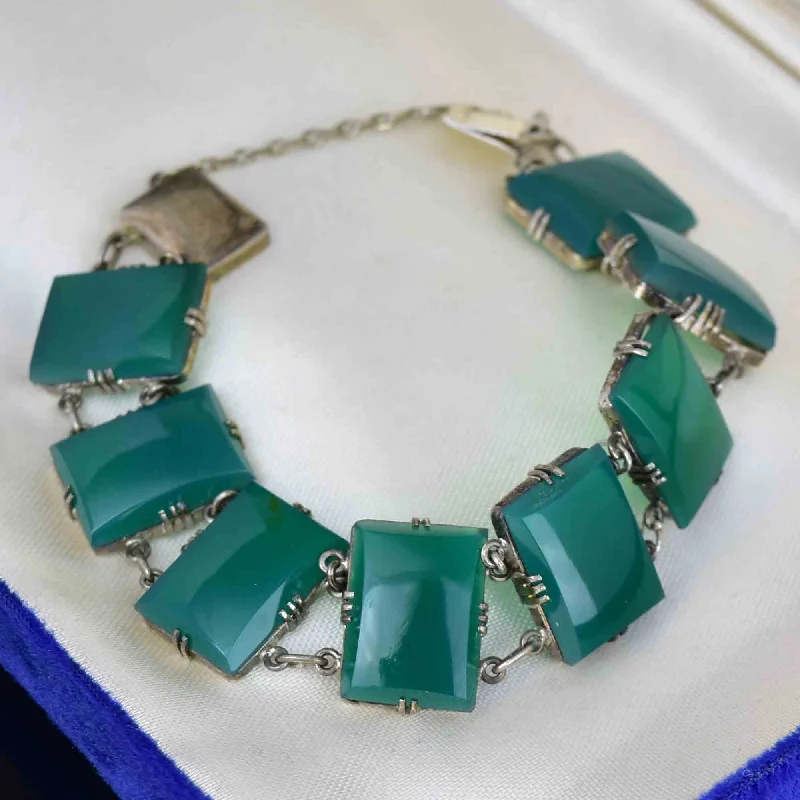 women's bracelets high-end fashion -Sterling Silver Art Deco Chrysoprase Wide Link Chain Bracelet