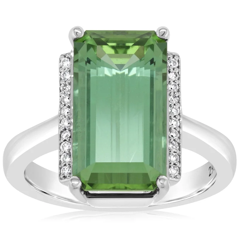 women's engagement rings baguette accents -Blue Green Tourmaline & Diamond Ring