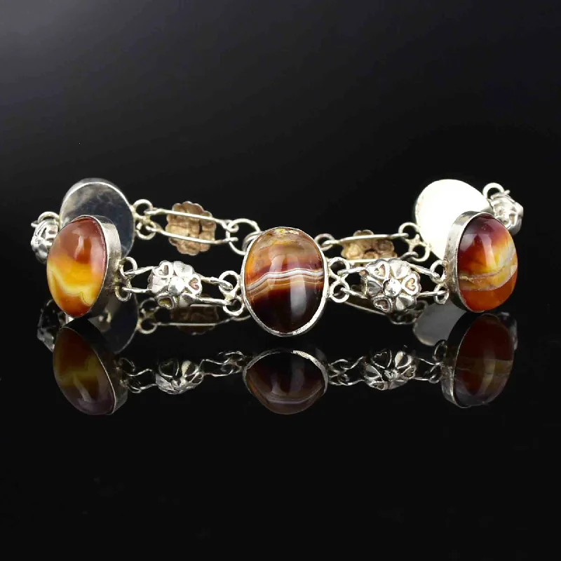 women's bracelets with sapphire -Arts and Crafts Style Silver Floral Banded Agate Bracelet