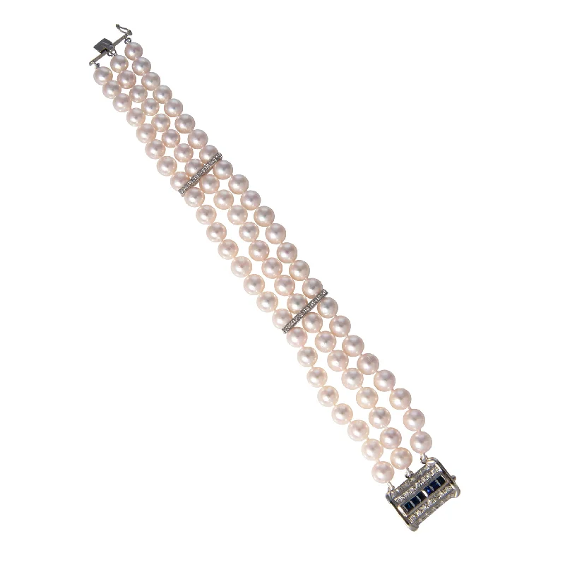 women's bracelets birthstone charms -Triple-Strand Pearl, Sapphire & Diamond Clasp 14K Gold Bracelet