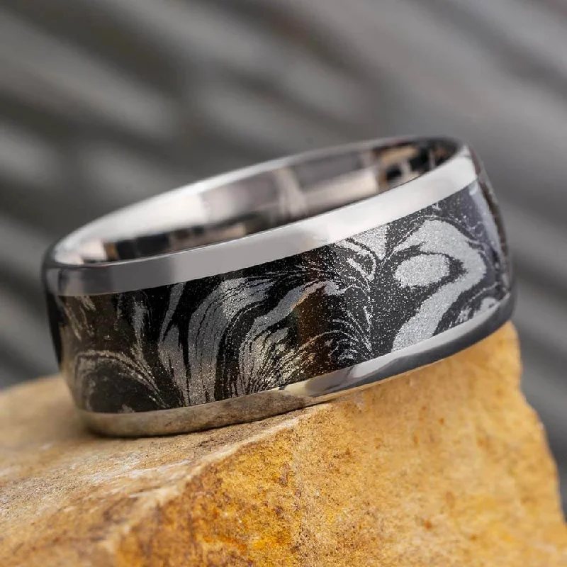 women's ring trendy styles -Black And White Composite Mokume Gane Ring With Titanium Band