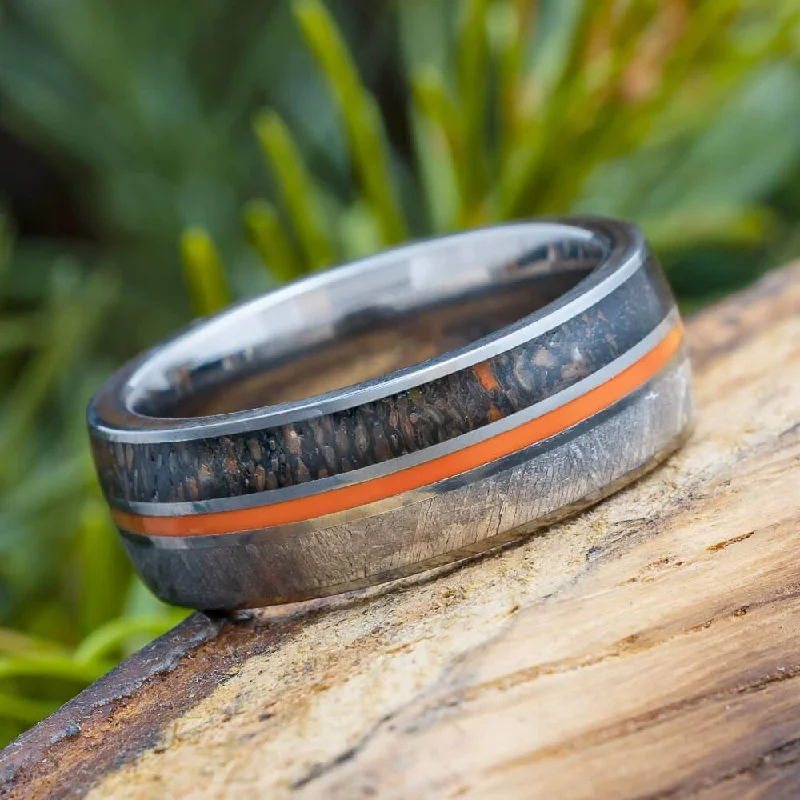 women's ring statement piece -Dinosaur Meteorite Ring with Orange Enamel Pinstripe