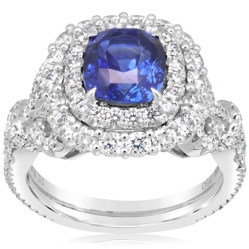 women's engagement rings with side stones -Cushion Cut Blue Sapphire & Diamond Ring