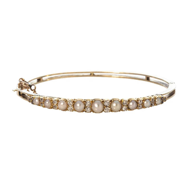 women's bracelets pear-shaped gems -Victorian Graduated Pearl & Diamond 14K Yellow Gold Bangle