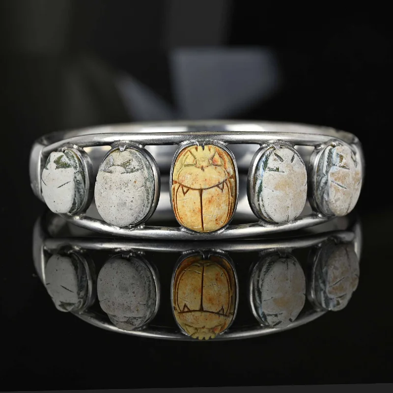 women's bracelets fine craftsmanship -Antique 950 Silver Carved Scarab Bracelet Bangle