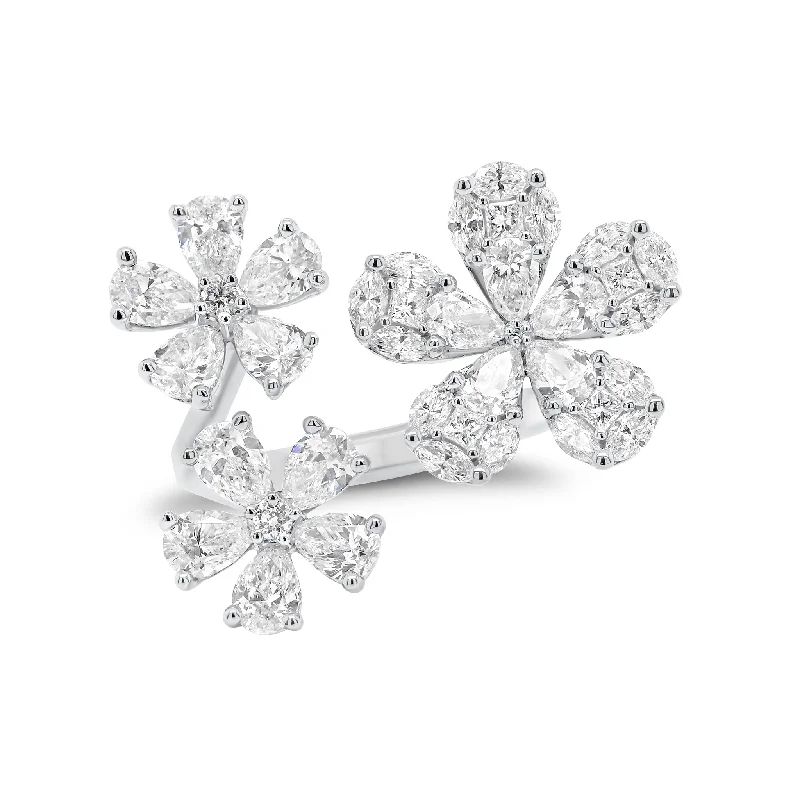 women's ring pear shaped -Diamond Triple Flower Open Ring