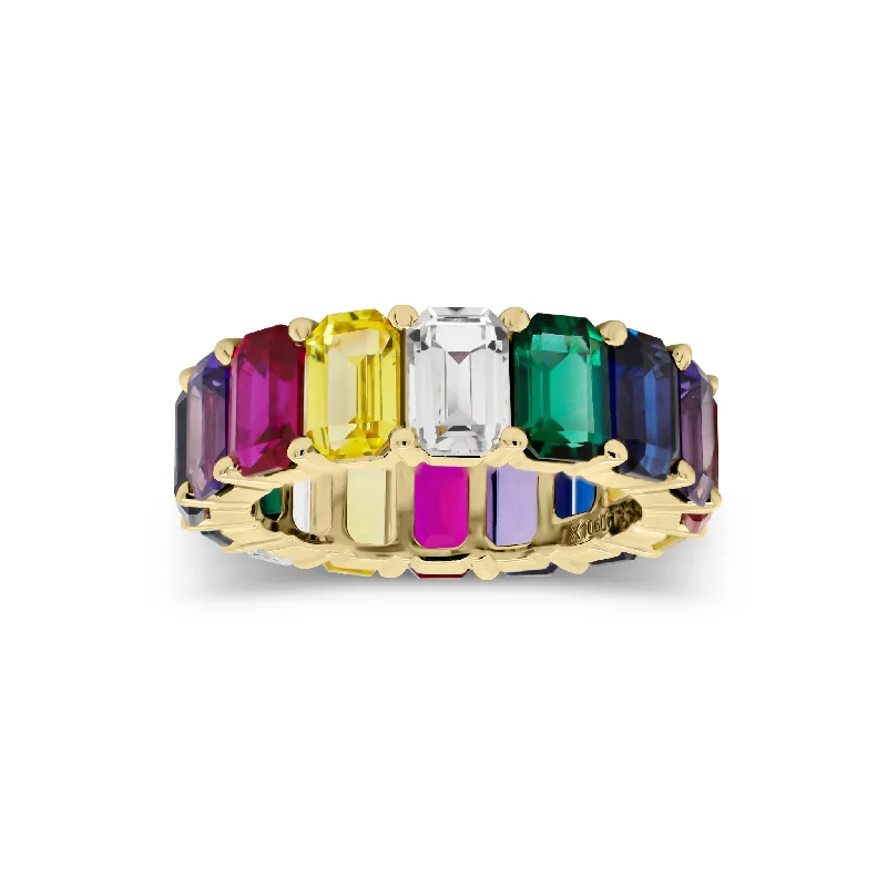 women's ring with moonstone -Multicolor Emerald-Cut Gemstone Eternity Ring