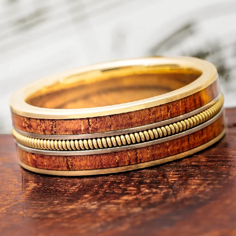 women's ring adjustable -Guitar String Ring, Koa Wood Band With Solid Gold Sleeve