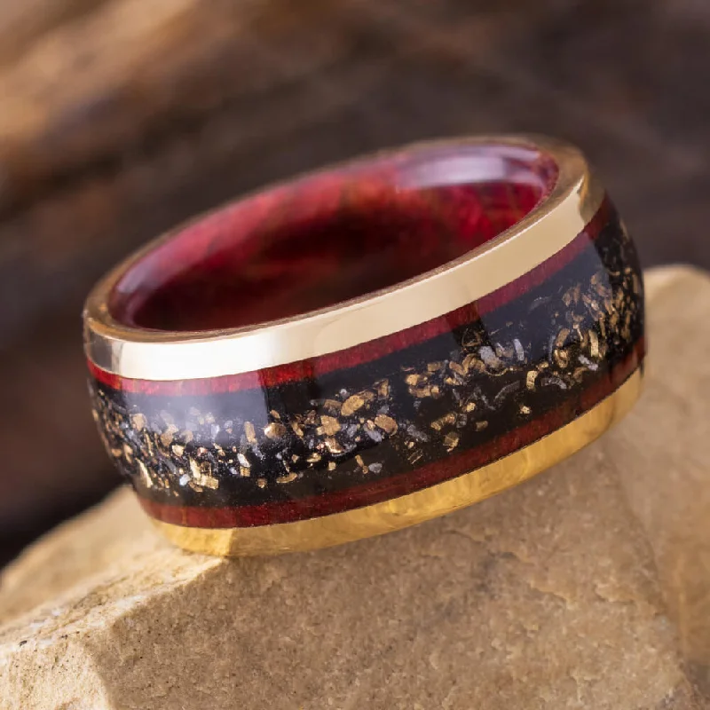 women's ring trendy styles -Black Stardust Ring with Ruby Redwood in Gold