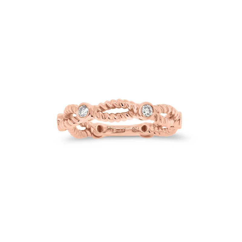 women's ring nature motifs -Twisted Gold Stackable Ring with Diamond Bezels