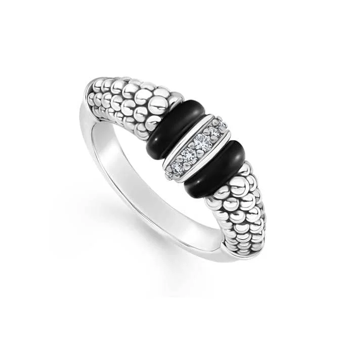 women's engagement rings blue sapphire -LAGOS Black Ceramic and Caviar Diamond Ring in Sterling Silver