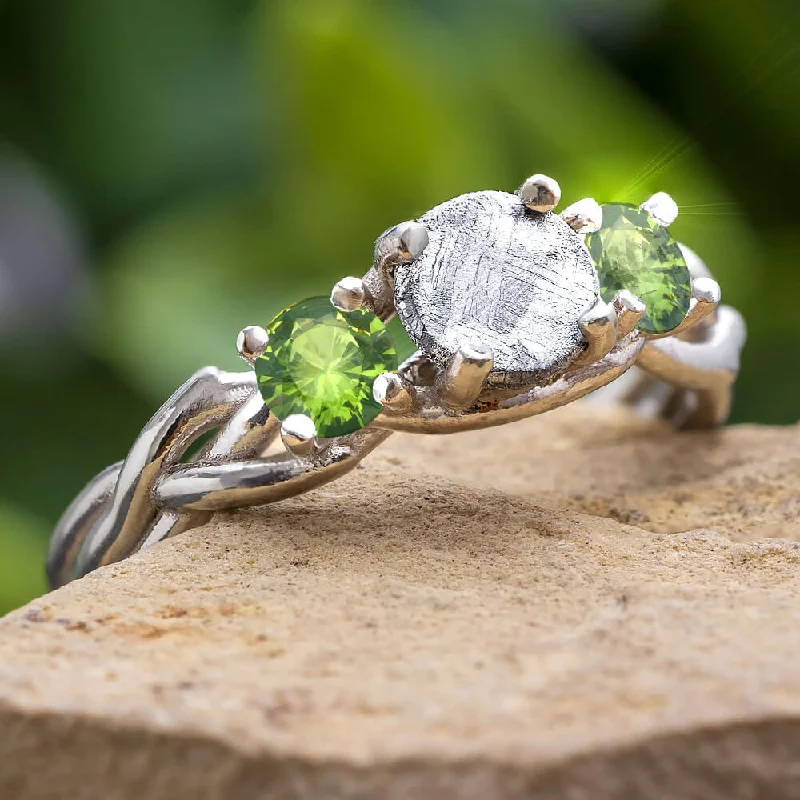 women's ring chain style -Meteorite Stone & Peridot Ring With Branch Style Band