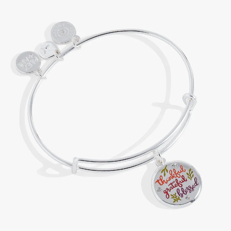 women's bracelets birthstone charms -Thankful Mantra Charm Bangle