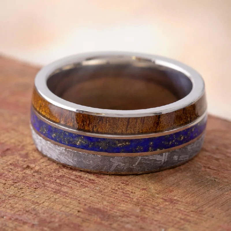 women's ring with engravings -Meteorite Inlay Ring, Lapis Lazuli and Koa Wood Pinstripe