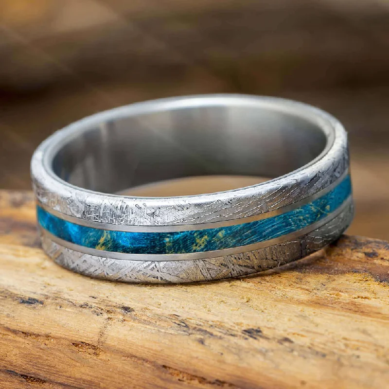 women's ring stacking set -Blue Wood Ring With Meteorite Edges Separated By Titanium Pinstripes