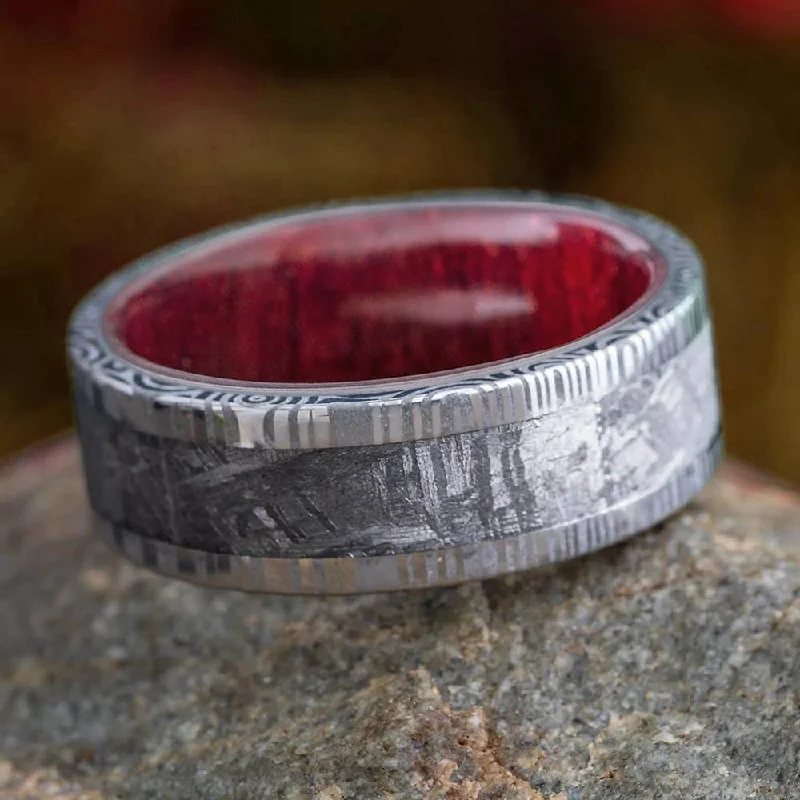 women's ring gemstone accents -Meteorite Ring With Damascus Edges and Wood Inside