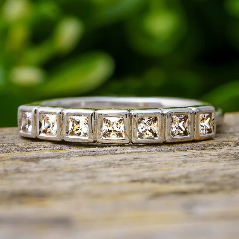 women's ring vintage inspired -Square Cut Diamond Anniversary Band With Bezel Setting