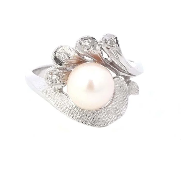 women's engagement rings luxury collection -Estate Pearl and Diamond Ring in 14K White Gold