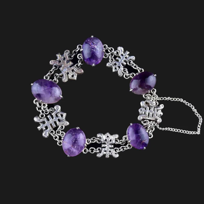 women's bracelets with ruby -Vintage Amethyst Cabochon Silver Symbol Link Bracelet