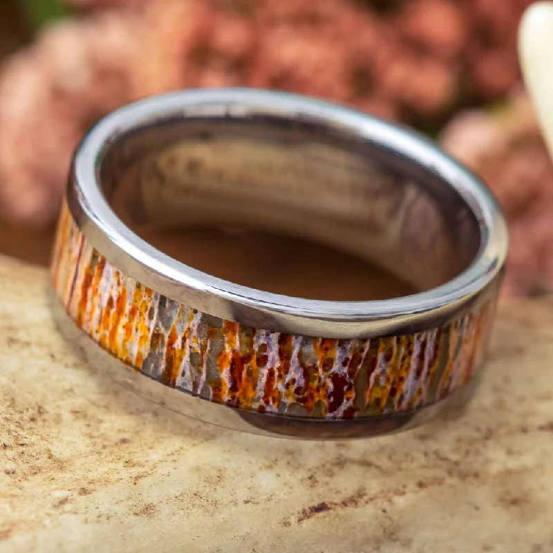 women's ring unique design -Titanium Ring with Unique Orange Deer Antler