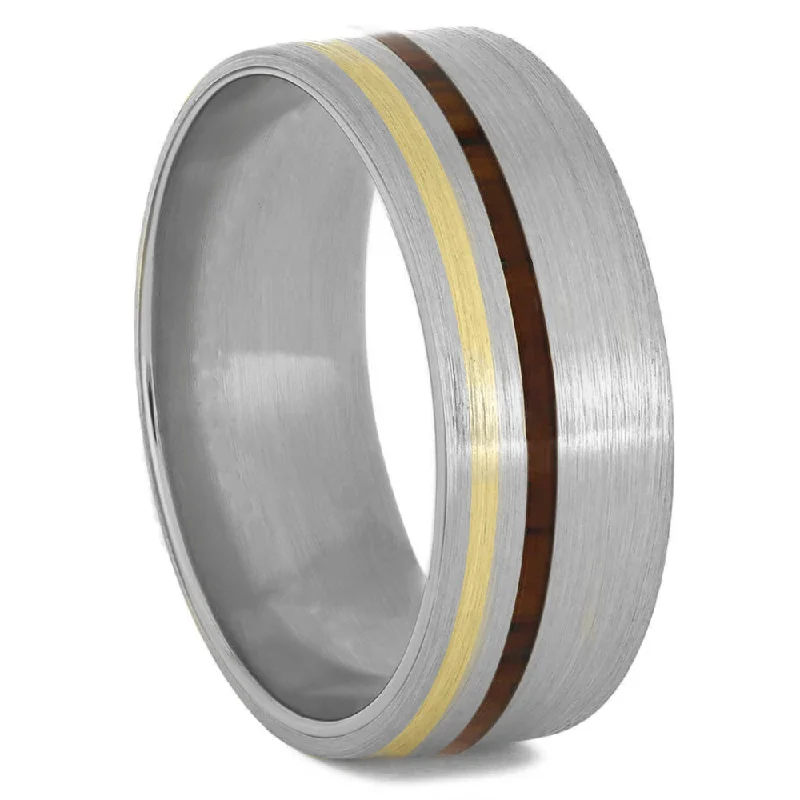 women's ring vintage inspired -Brushed Titanium and Wood Ring with Gold Pinstripe