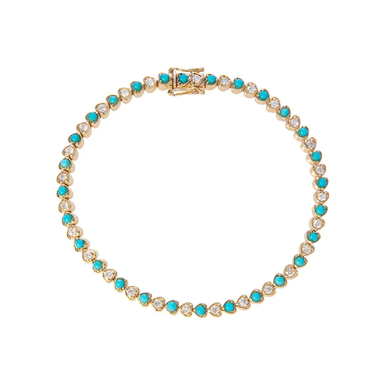 women's bracelets classic design -Diamond & Turquoise Heart 14K Yellow Gold Tennis Bracelet