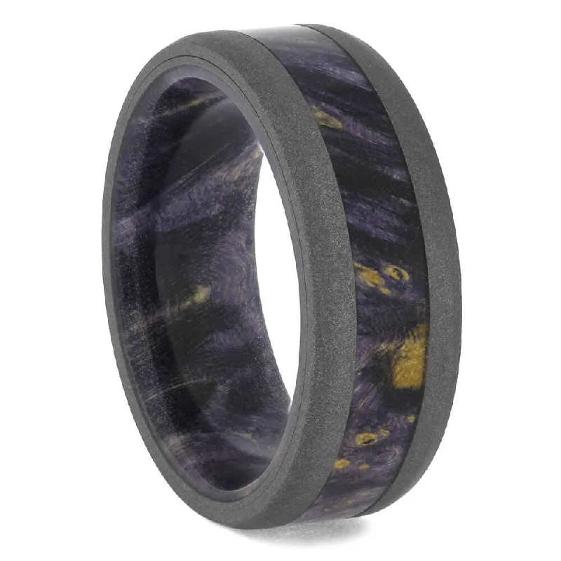 women's ring with gemstones -Purple Burl Wood Ring In Sandblasted Titanium