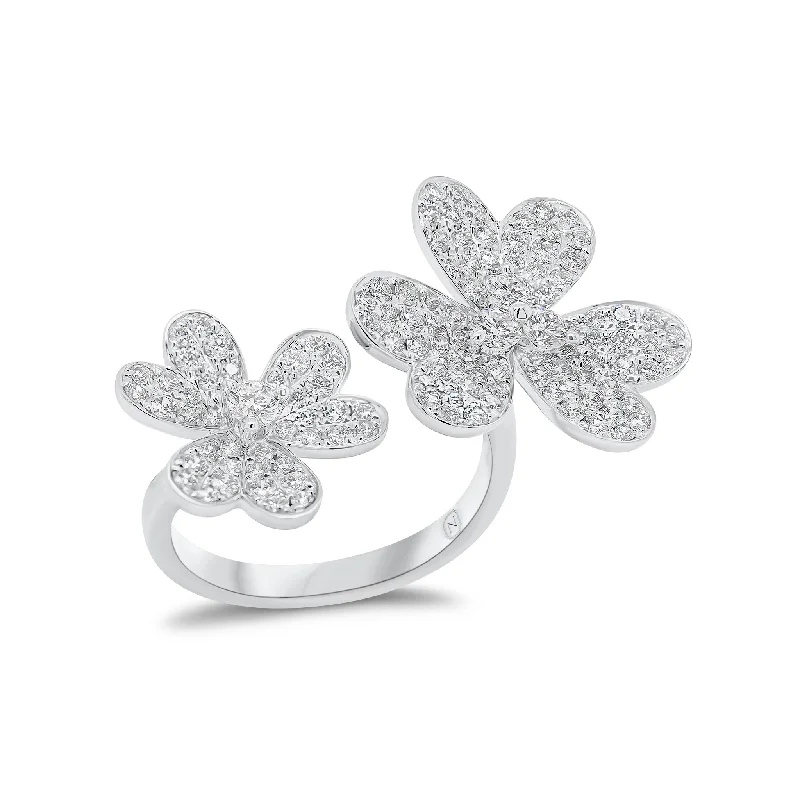 women's ring emerald cut -Diamond Double Flower Open Ring