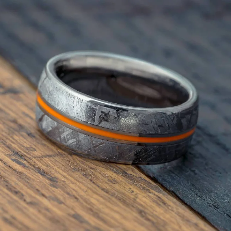 women's ring asymmetrical design -Meteorite Ring with Orange Enamel Pinstripe