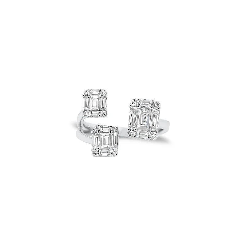 women's ring dainty silver -Emerald Cut Diamond Illusion Trio Open Ring