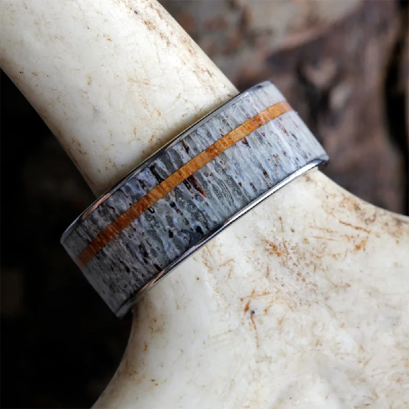 women's ring silver and gold mix -Deer Antler Ring with Oak Wood Pinstripe