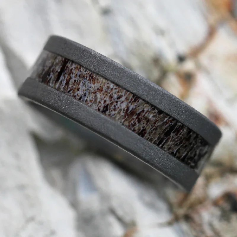 women's ring stacking set -Sandblasted Titanium Ring With Antler Inlay