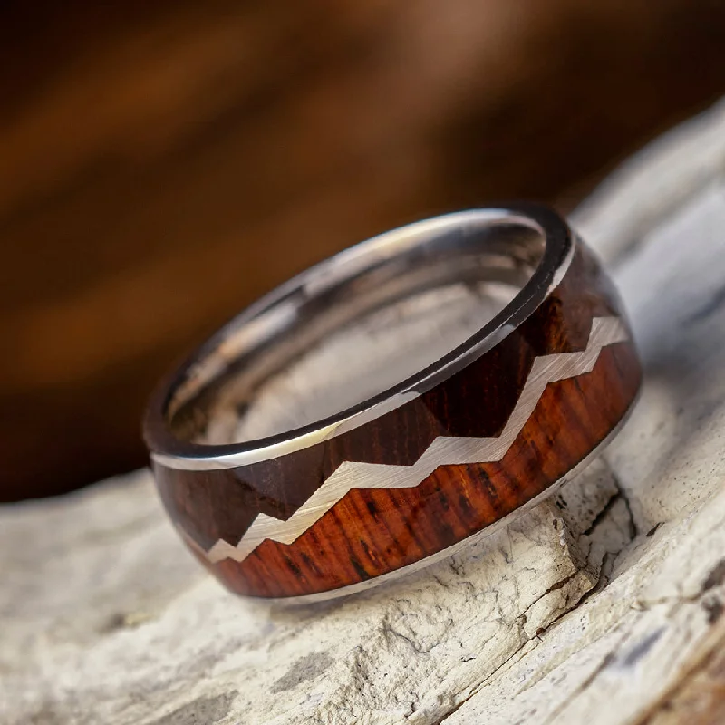 women's ring engagement -Titanium Mountain Ring with Dark Cherry Burl and Cocobolo Wood