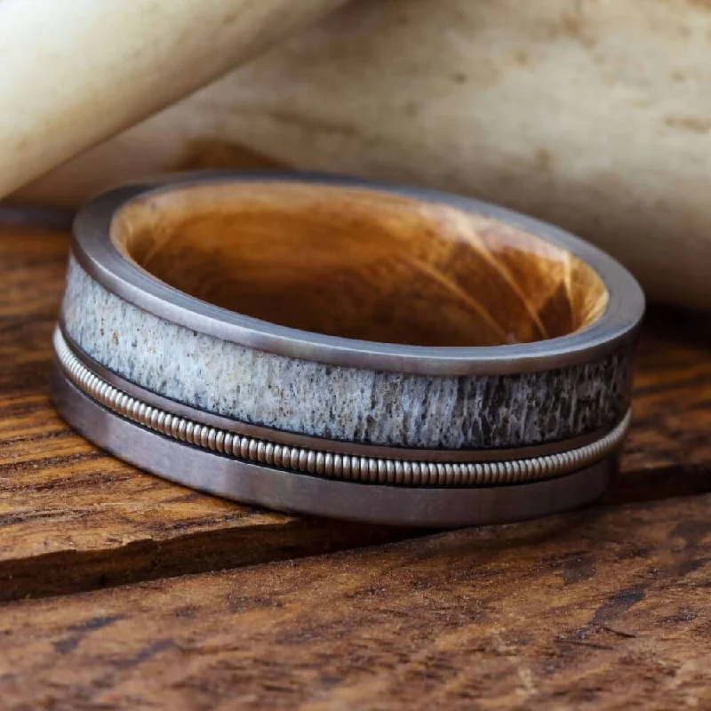 women's ring bohemian design -Antler and Guitar String Ring With Whiskey Barrel Wood Sleeve