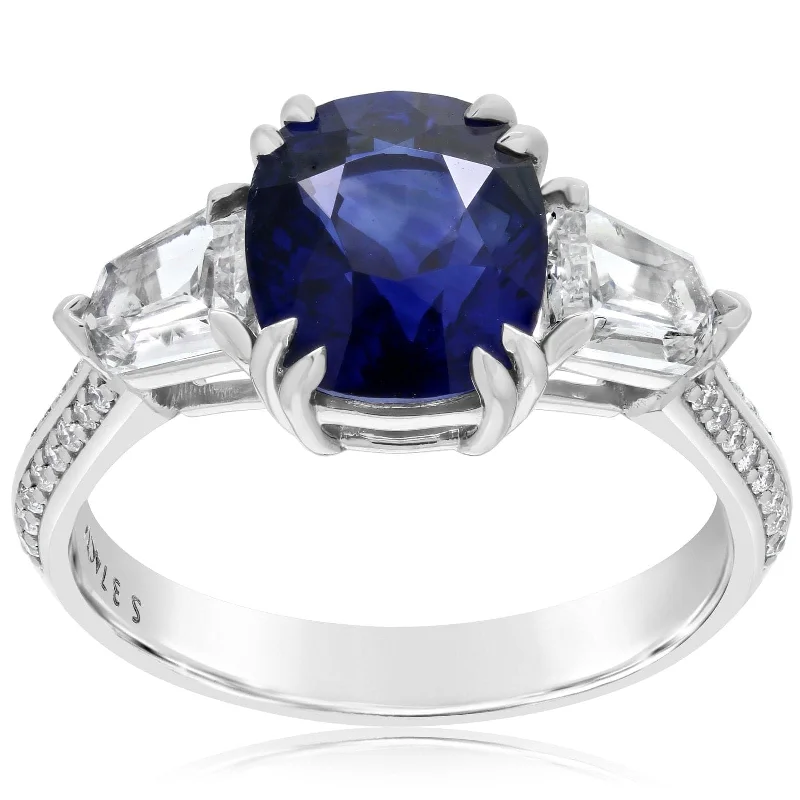 women's engagement rings floral engraving -Oval Blue Sapphire & Diamond Ring