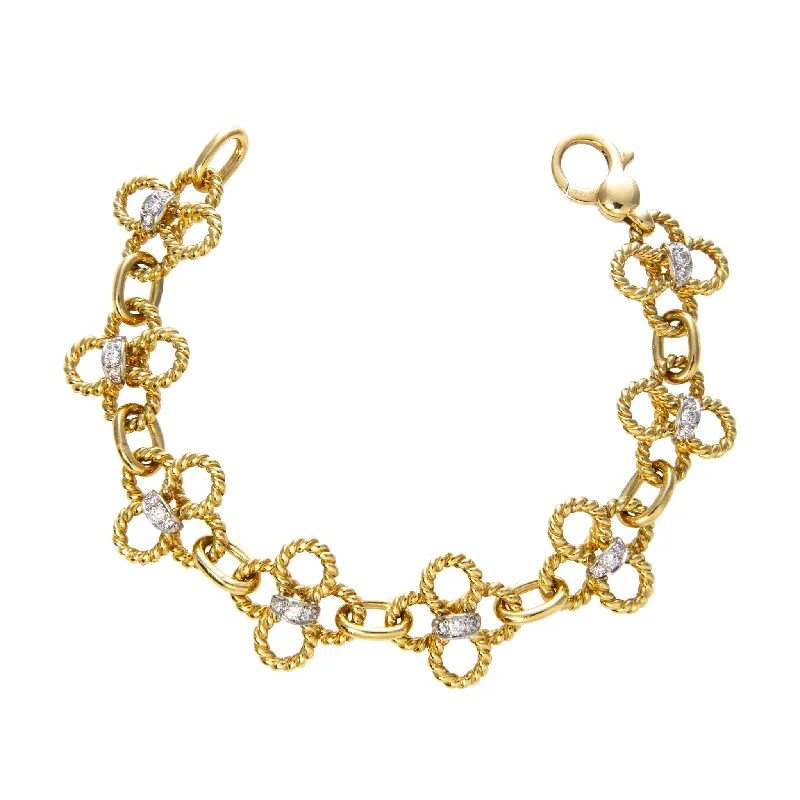 women's bracelets vintage inspired -Estate Diamond 18K Gold Rope Twist Clover Link Bracelet