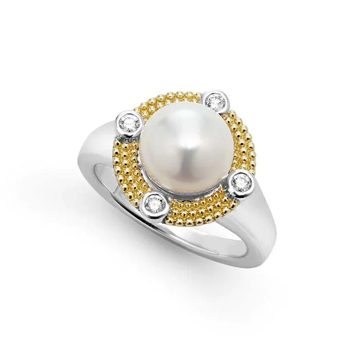 women's engagement rings budget-friendly -LAGOS Pearl and Diamond Ring in Sterling Silver and 18K Yellow Gold