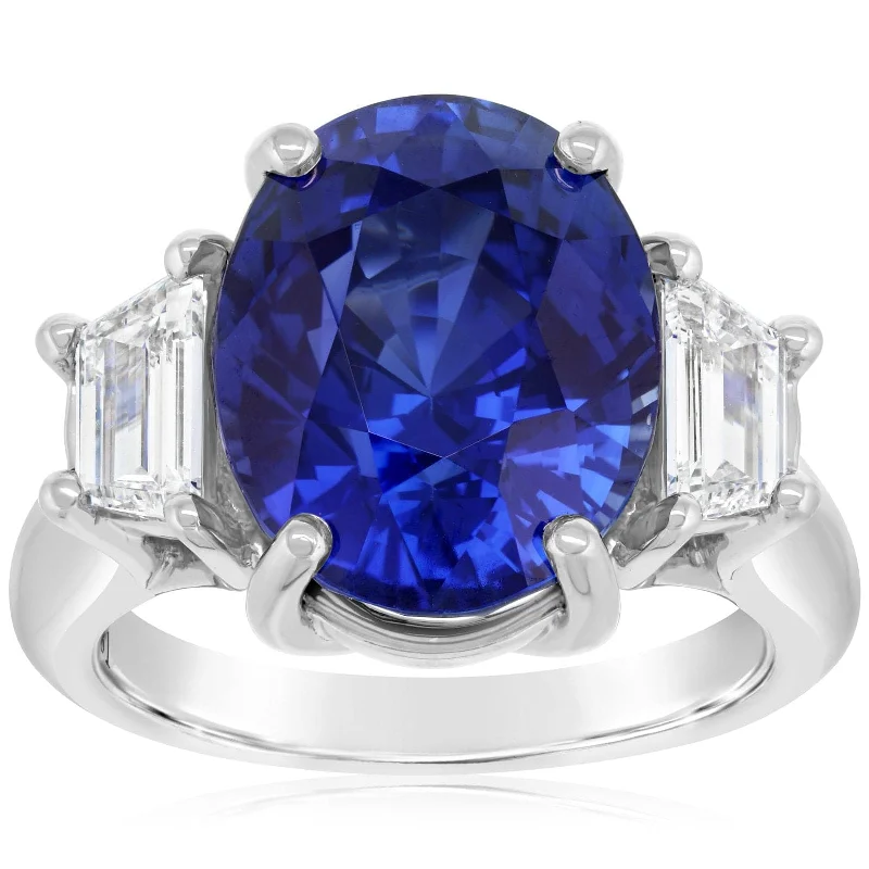 women's engagement rings with side stones -11.55 Carat Oval Sapphire & Trapezoid Diamond Ring