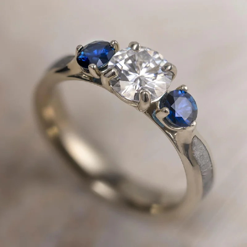 women's ring statement piece -Three Stone Ring with Moissanite, Sapphire & Meteorite